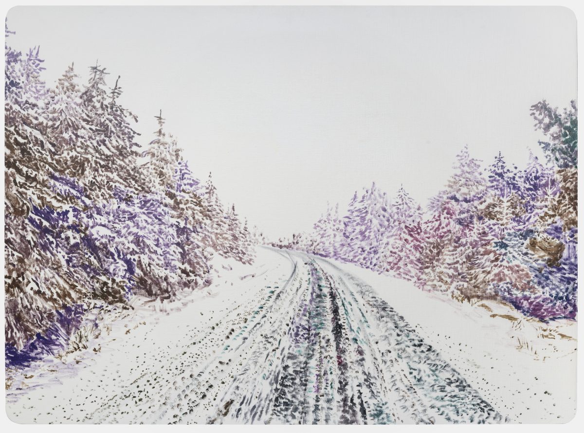 A snow-covered road stretches into the distance, flanked by coniferous trees heavily laden with snow on both sides. The perspective draws the viewer down the center of the road, which shows tire tracks and footprints marking the white surface. The sky above is overcast and pale, and the trees create a symmetrical frame of muted purples, browns, and whites.