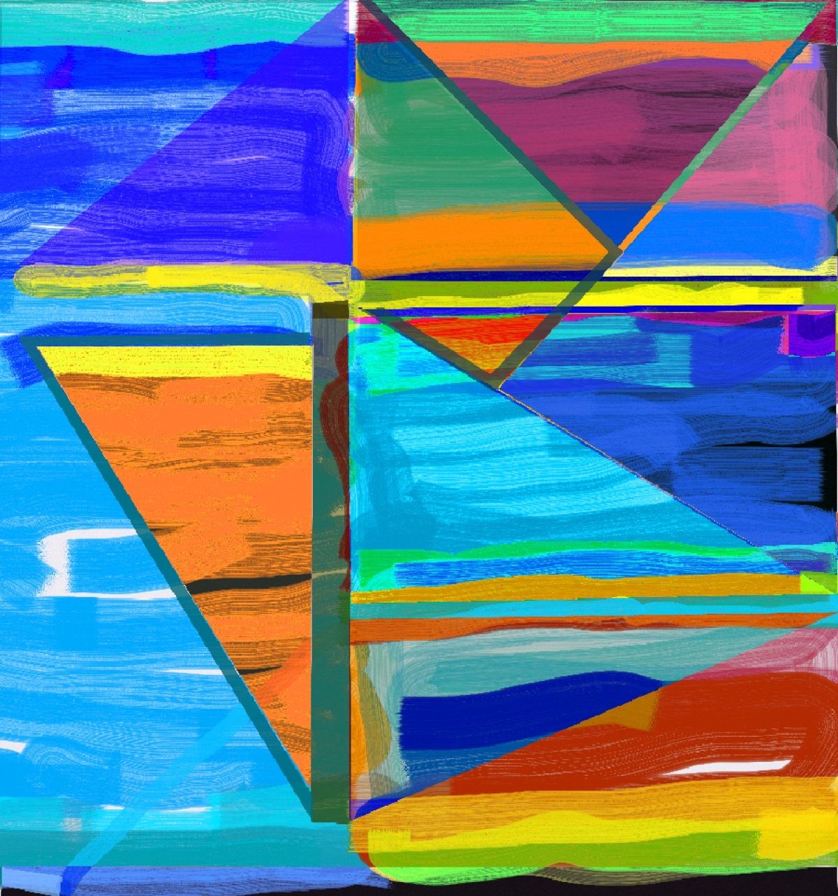 Vibrant abstract composition featuring intersecting geometric shapes in bold primary colors—blues, oranges, yellows, and greens—with horizontal and diagonal lines creating a fragmented, layered effect. Brushstroke textures and areas of transparency suggest depth and movement across the composition.