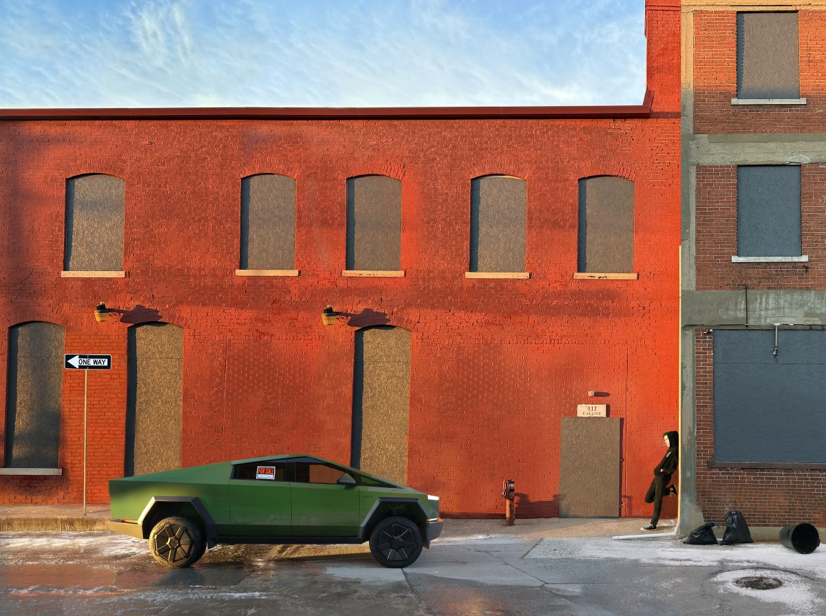 A bright green angular vehicle parked on an urban street in front of a vivid red brick building with boarded-up windows. A figure in dark clothing stands nearby on the sidewalk beside the building's entrance, with a "One Way" sign visible on the left side of the composition.