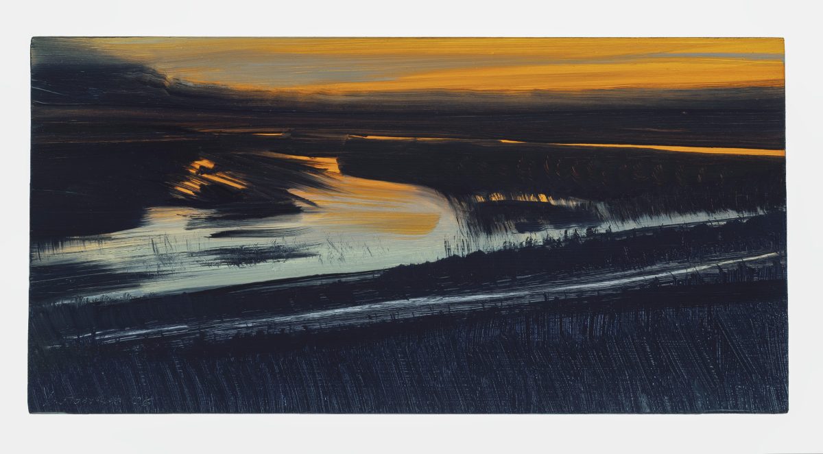 A landscape painting rendered in dark tones depicts a winding river or waterway reflecting golden light beneath a moody sky. Silhouetted forested banks frame the composition, with gestural brushwork creating movement across the water's surface and reed-like vegetation in the foreground.