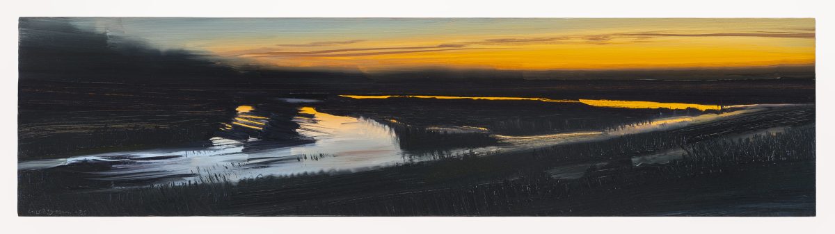 Horizontal landscape painting depicting a twilight scene with a winding river or waterway reflecting golden and white light against a dark surrounding terrain. The composition uses dramatic contrasts between the illuminated water and shadowed forested areas, with a glowing horizon transitioning from yellow to deep blue-gray tones.