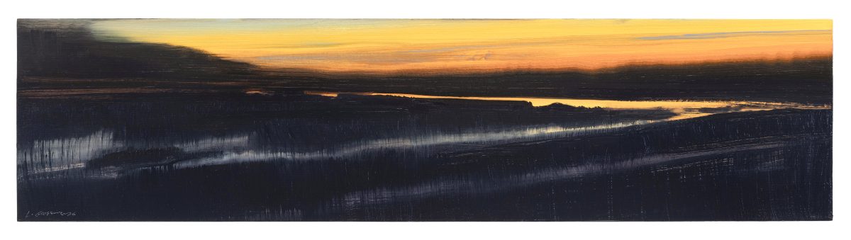 A horizontal landscape painting depicting a twilight scene over wetlands with a meandering waterway. Dark silhouetted marshland and distant hills frame a luminous golden and orange sky reflected in the still water below, creating a striking contrast between the shadowy foreground and glowing horizon.
