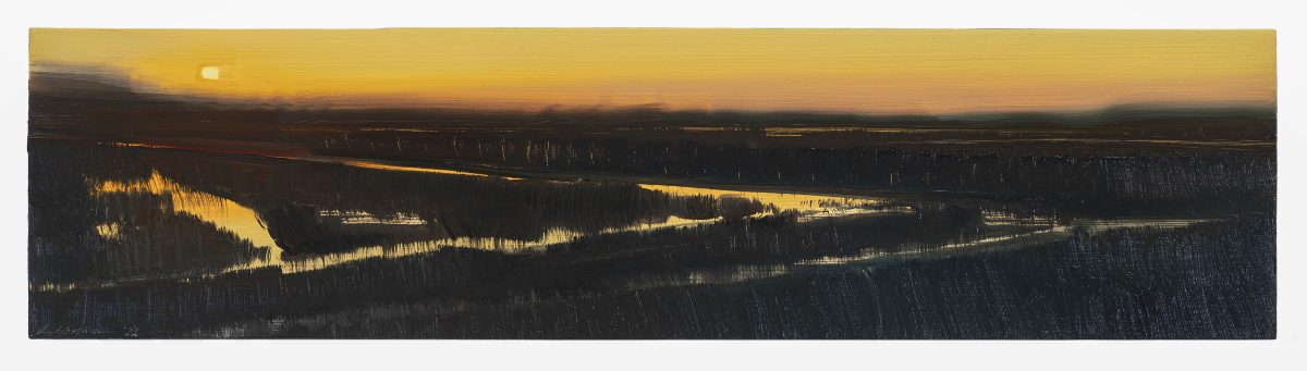 A horizontal landscape painting depicting a twilight scene of a winding river or waterway cutting through dark forested terrain, its surface illuminated in golden yellow and reflecting the amber-toned sky above. The composition uses strong contrasts between the luminous water and shadowy landmass, rendered in oil with visible brushwork creating texture across the panel.