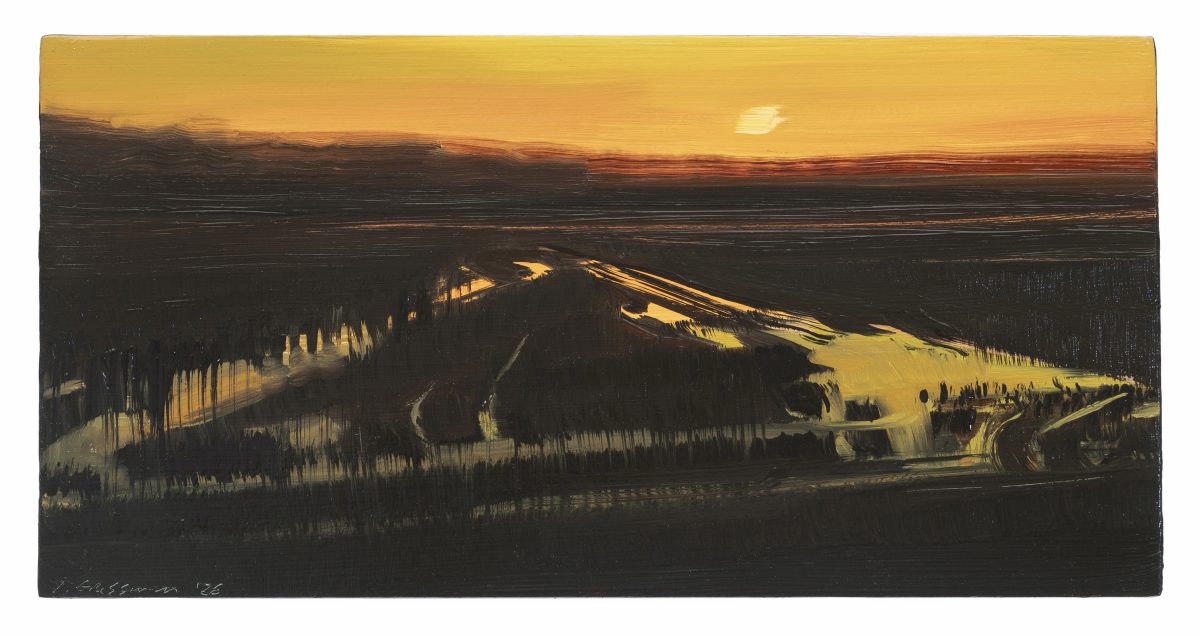 A dramatic landscape painting rendered in dark tones depicts a vast valley at sunset with golden light illuminating a winding river and patches of cleared or flooded terrain. The composition features layered forested hills receding into a glowing amber sky, with luminous yellows and creams contrasting sharply against deep blacks and browns in the foreground.