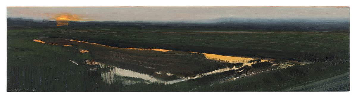 A panoramic oil painting depicting a vast floodplain landscape at dusk, with a meandering river catching golden light against dark green fields. The composition stretches horizontally, showing the sun low on the horizon and illuminated cliff faces or elevated terrain in warm ochres and creams, contrasted against deep shadows and muted greens.