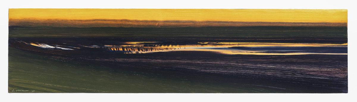 A horizontal landscape painting depicting a dark, moody vista with a golden-yellow sky at the top transitioning through deep greens and blacks in the middle and lower sections. Gestural brushstrokes create a sense of movement across the composition, with luminous golden bands suggesting water or light reflecting across a shadowed terrain.