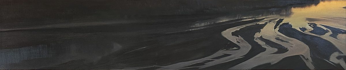 Abstract landscape painting depicting undulating sandbars and waterways in muted tones of charcoal, cream, and pale yellow. Sweeping curved lines and striations create a sense of flowing water and geological formations across the dark composition.