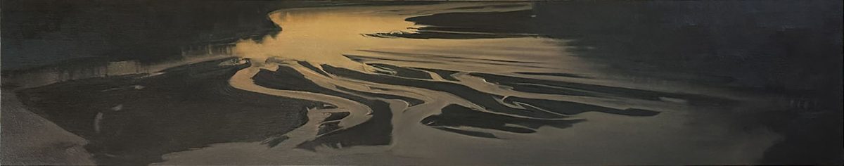 Abstract landscape painting depicting sinuous, winding forms in dark charcoal and black tones against a luminous pale gold and cream background, suggesting an aerial view of a river delta or sandbar with dramatic brushwork and sweeping gestural marks.