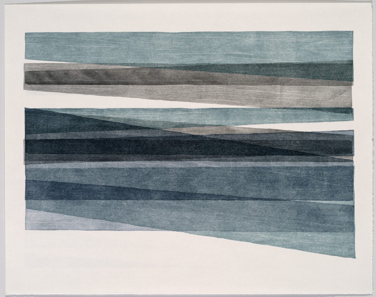 Horizontal layers of textured stripes in varying shades of blue, grey, and black overlap at diagonal angles across a light background, creating a minimalist landscape-like composition with soft, hand-drawn edges and a subtle relief quality.