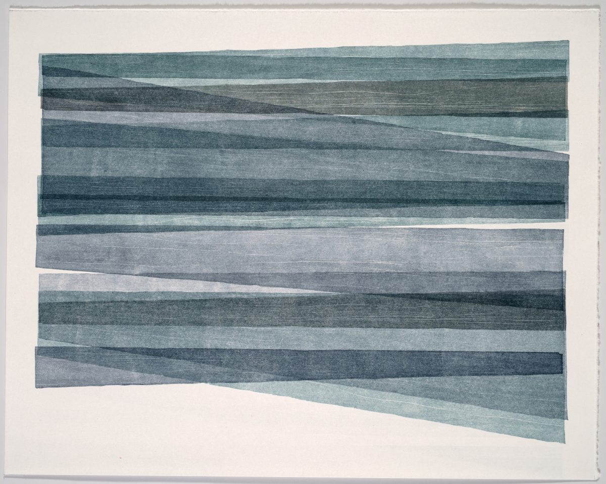 Horizontal composition of layered, undulating bands in varying shades of gray and blue-green, creating a landscape-like abstraction. The irregular strips overlap and taper at the edges, rendered in a textured, print-based medium against a pale background.