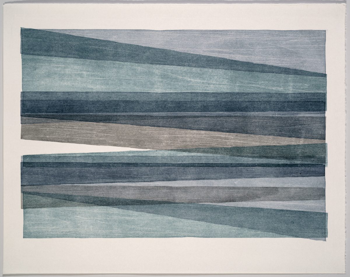 Abstract woodcut monoprint featuring horizontal bands of varying widths in shades of teal, dark blue, gray, and beige, with subtle linear textures throughout. The bands are slightly offset and tilted, creating a dynamic, layered composition against a cream-colored background.