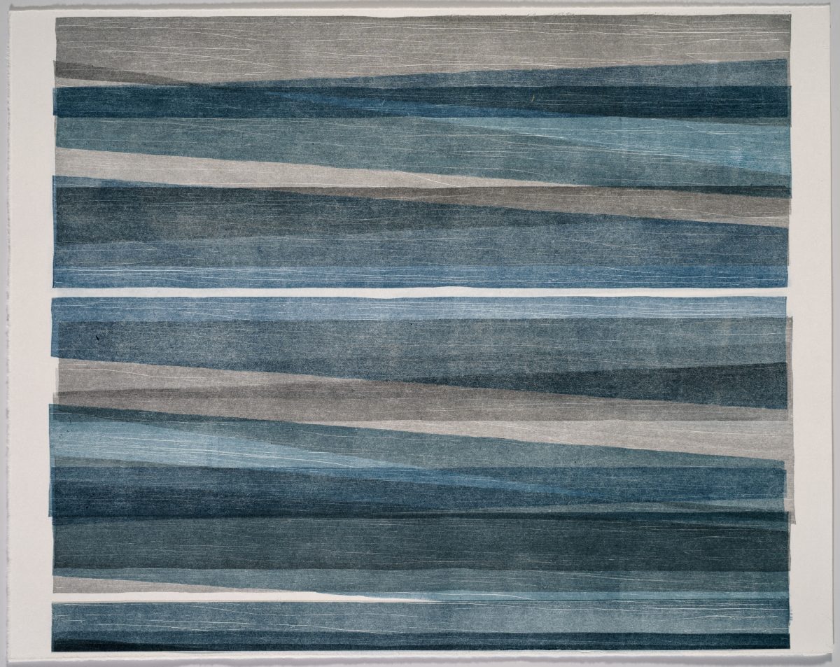 Horizontal bands of varying widths in shades of blue, teal, gray, and cream arranged in an abstract striped composition. The layered appearance and visible texture suggest a collage or print technique with subtle variations in tone and surface finish throughout.