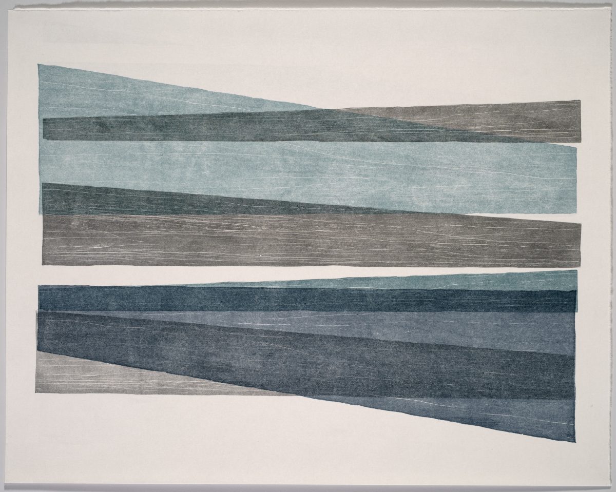 Horizontal composition featuring layered rectangular bands of varying widths in shades of blue, grey, and brown with wood grain textures, arranged in two groups separated by white space on a light background.