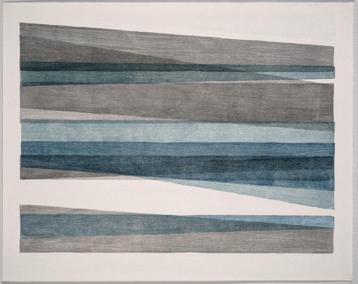 Two horizontal rectangular compositions with layered, undulating bands of color in varying shades of gray, blue, and teal, creating a landscape-like effect with subtle texture and movement throughout.