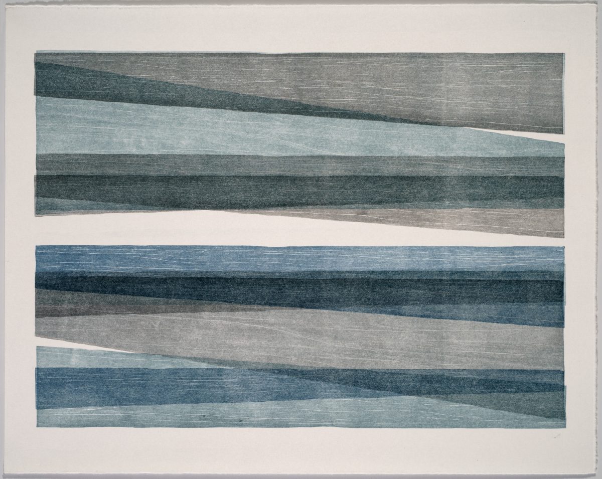 Two horizontal abstract compositions featuring layered, undulating bands of color in shades of blue, grey, and teal. The bands shift and overlap with organic, wave-like movements across the paper, creating a sense of depth and rhythm through subtle tonal variations and textured surfaces.