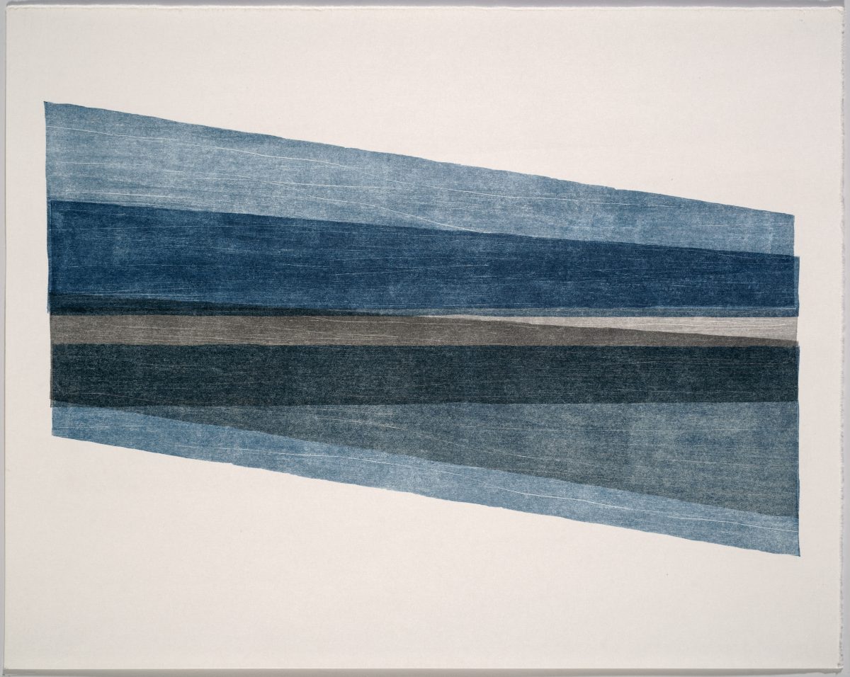 Horizontal abstract composition featuring six layered rectangular bands in varying shades of blue, grey, and charcoal, with visible wood grain texture throughout. The bands are slightly offset and angled, creating depth against a cream-colored background.
