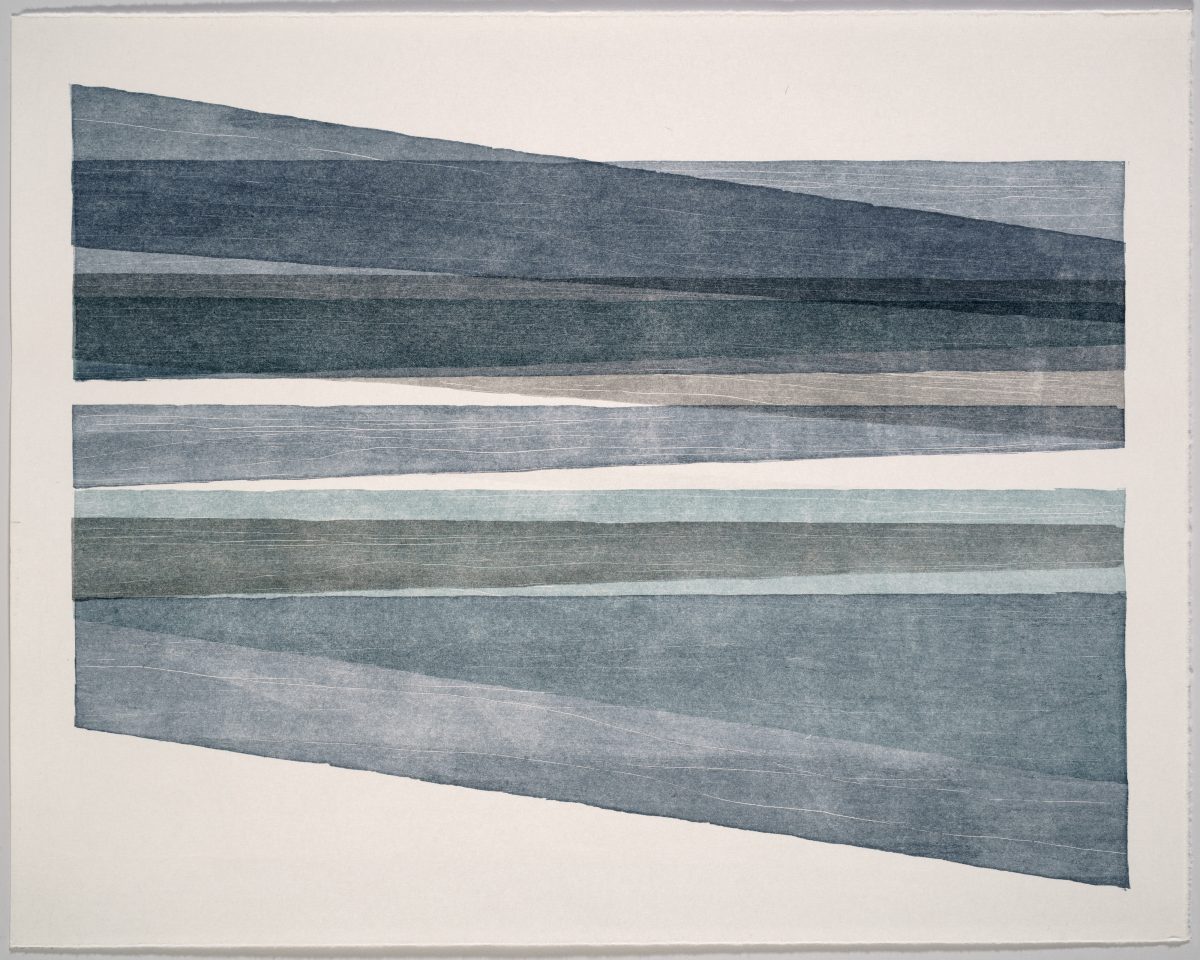 Abstract composition of overlapping horizontal bands in varying shades of gray and blue-green, with subtle texture and visible brushwork creating depth and movement across the rectangular form on a light neutral background.
