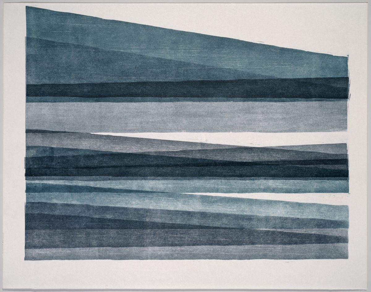 Horizontal abstract composition of layered rectangular bands in varying shades of teal, grey, and dark blue with white gaps between them, creating a subtle landscape-like effect through tonal variation and woodcut texture.