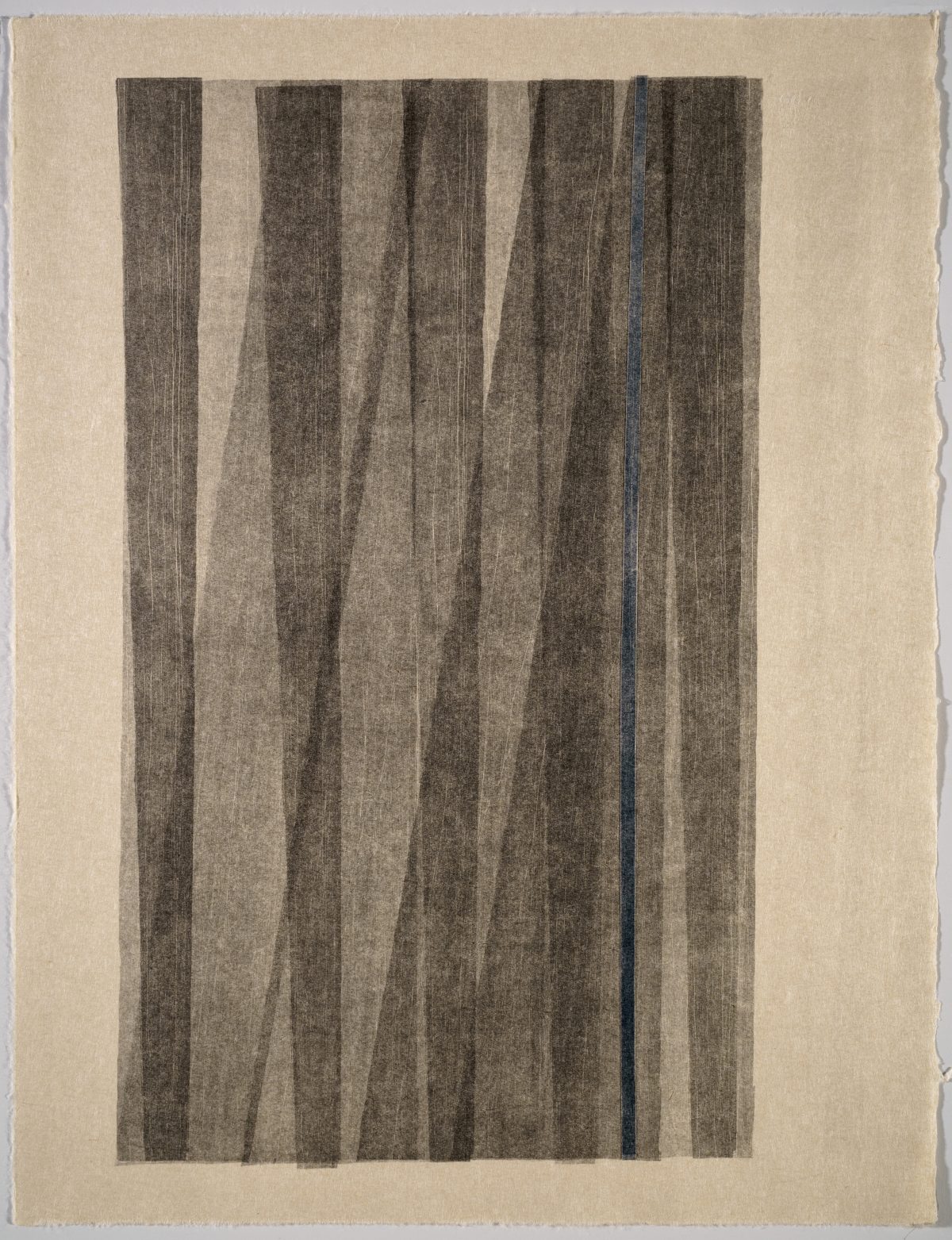 Five vertical panels of varying widths, rendered in dark charcoal and gray tones with fine linear marks, are arranged side by side against a cream-colored background. A single blue-gray line runs vertically through the composition, creating subtle visual rhythm across the textured, paper-like surface.