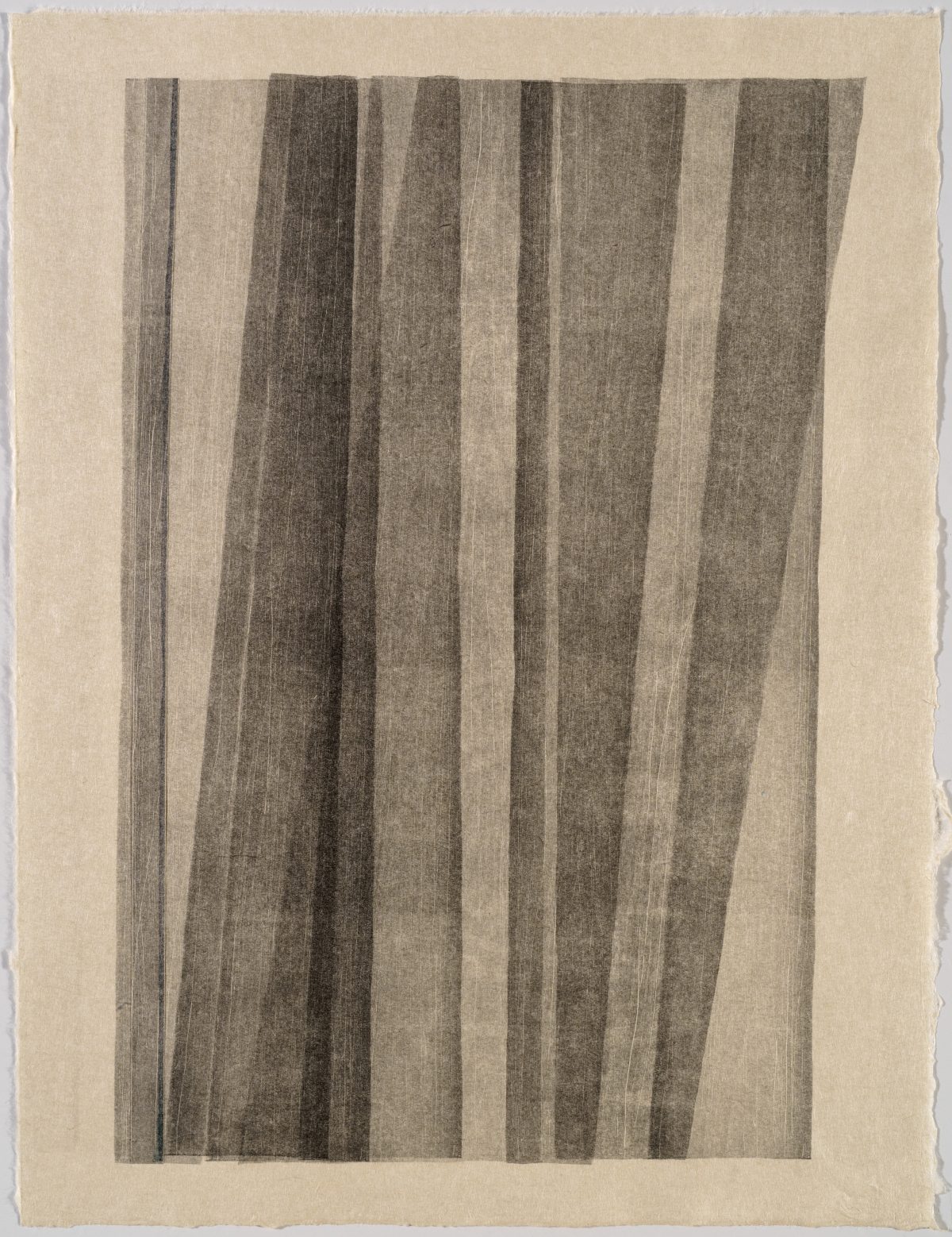 Vertical composition of alternating dark and light gray stripes of varying widths, creating a subtle undulating effect across the cream-colored paper surface. The parallel lines suggest movement and depth through gradual tonal shifts from charcoal to pale gray.