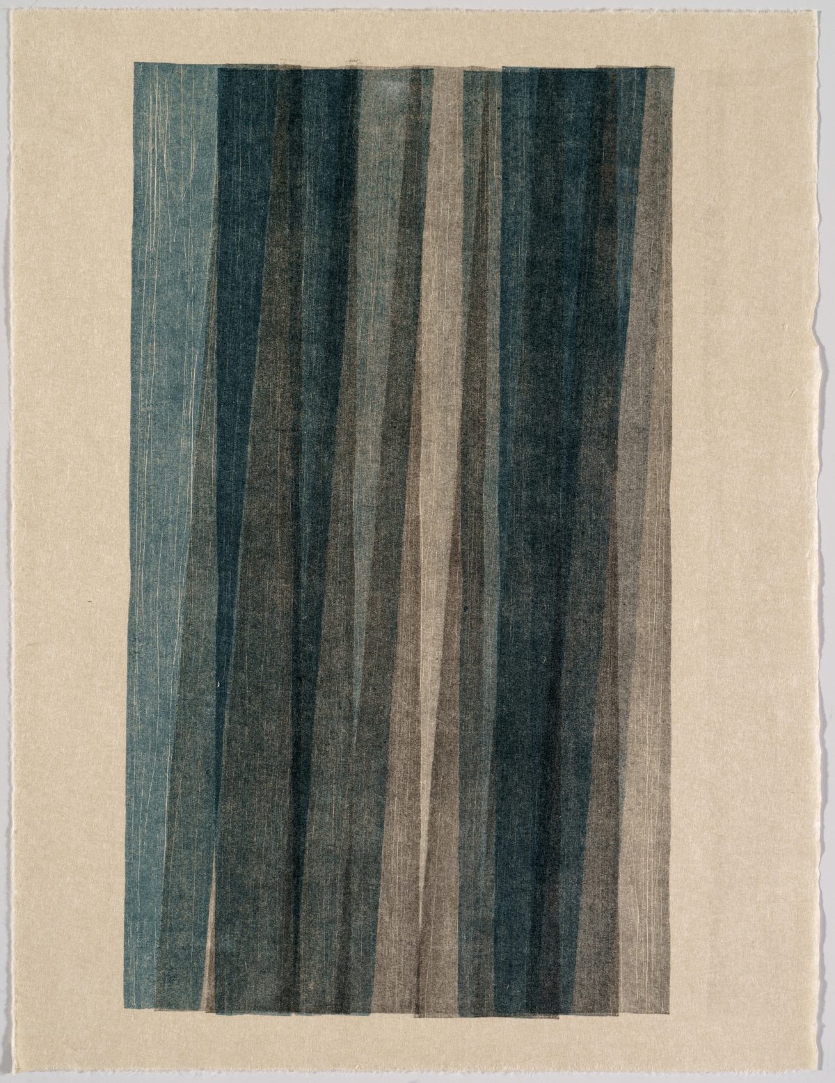 Vertical woodcut monoprint featuring parallel stripes in varying widths, alternating between deep teal, dark charcoal, and warm taupe tones on a cream-colored paper ground. Fine linear texturing throughout creates a subtle sense of movement within each stripe.
