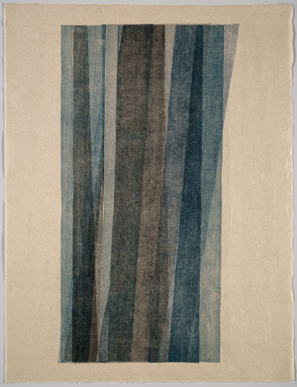 Vertical composition of overlapping vertical stripes in muted tones of blue, gray, brown, and green on a cream-colored background. The stripes vary in width and opacity, creating a subtle rhythm of light and shadow with a textured, handmade quality.