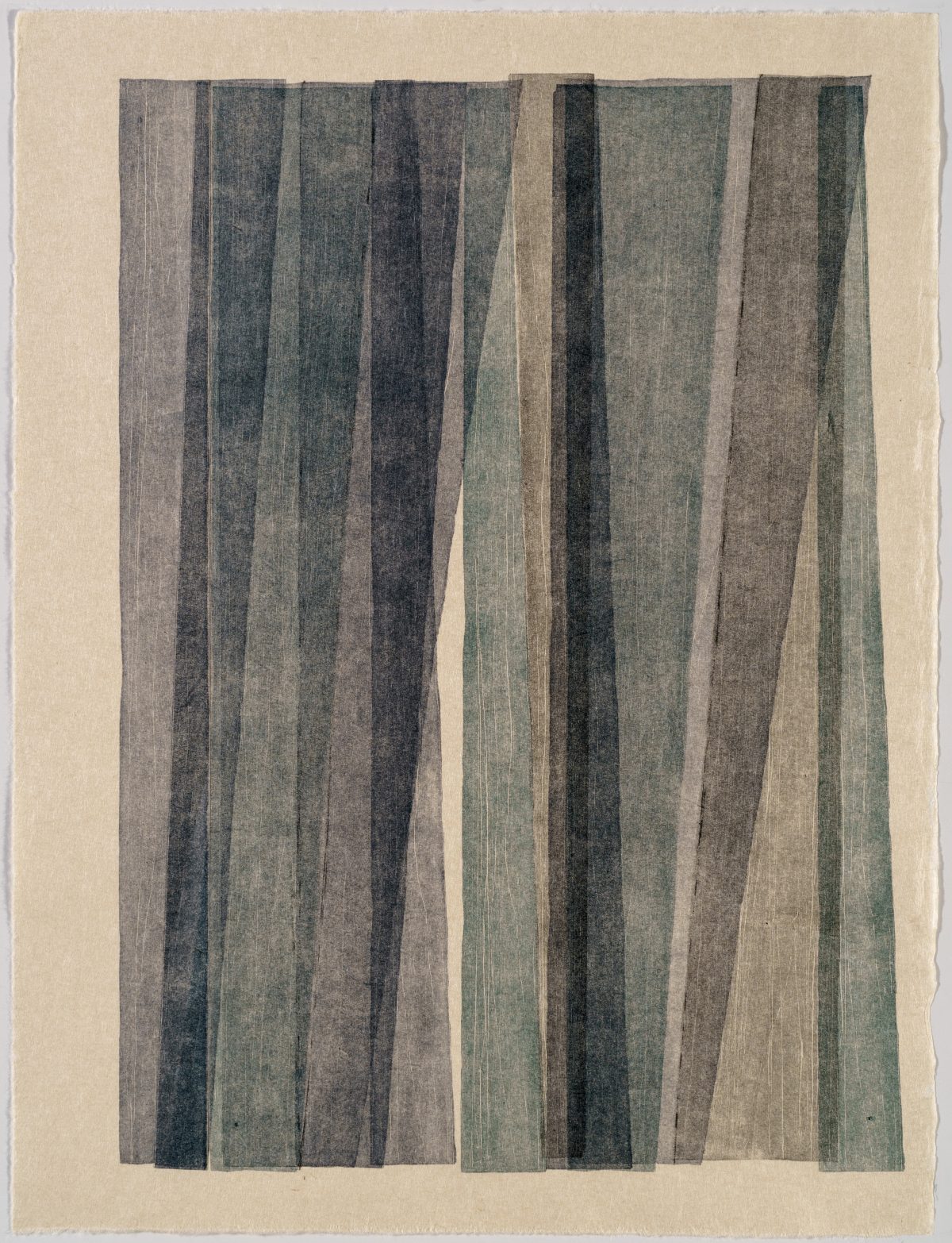 Vertical woodcut monoprint featuring ten parallel stripes in varying widths, rendered in gradations of deep blue, grey, green, and brown tones against a cream-colored paper. The stripes display subtle texture and gentle wavering edges, creating a contemplative, minimalist composition.