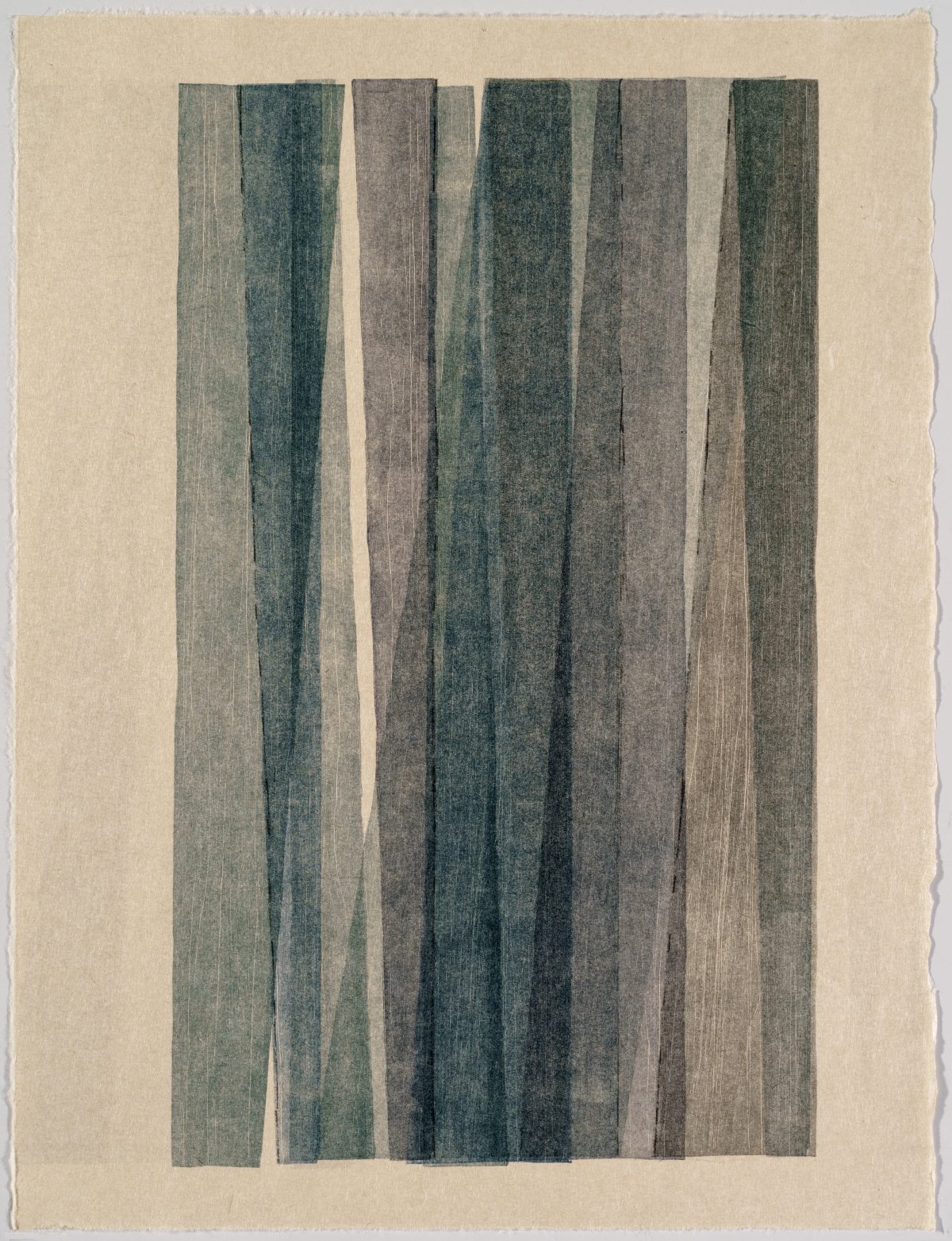 A woodcut monoprint featuring seven vertical rectangular strips in varying shades of teal, gray, and taupe on a cream-colored paper ground. The strips are separated by thin white lines and rendered with subtle texture and tonal gradations that suggest depth and movement.