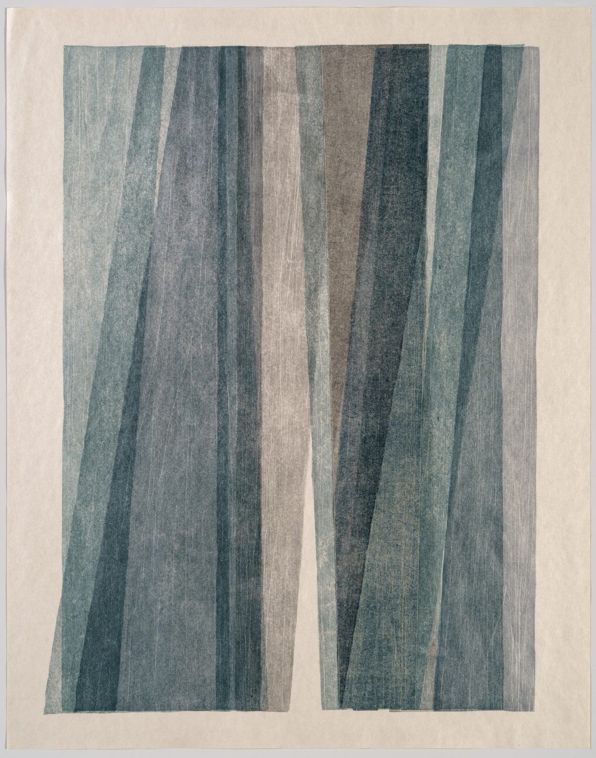Vertical woodcut monoprint featuring vertical stripes in varying shades of teal, gray, brown, and cream, with subtle texture and overlapping translucent layers that create depth and movement across the composition.