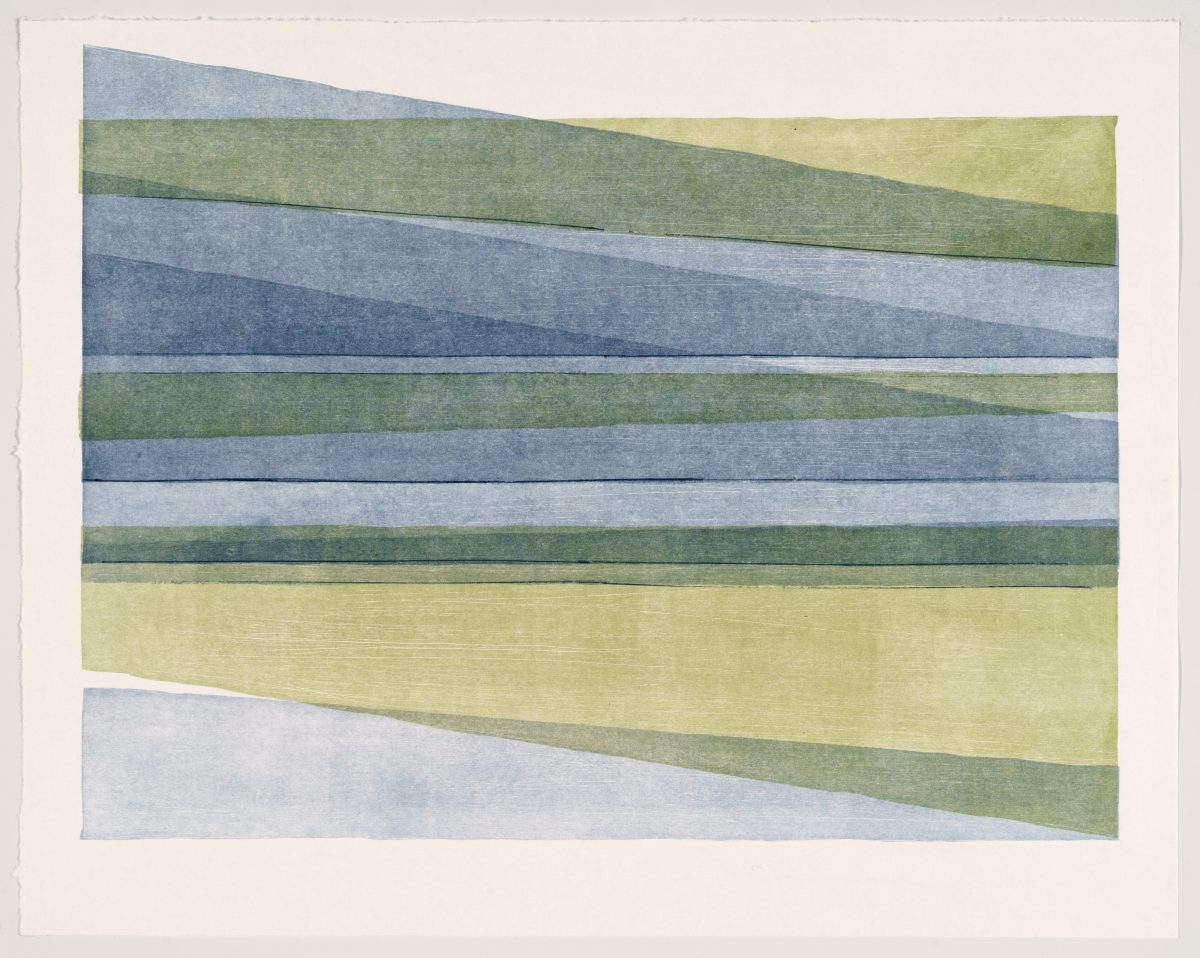 Horizontal bands of overlapping color—blues, greens, and yellows—arranged in diagonal shifts across the composition, creating a layered landscape-like abstraction with subtle gradations of tone and hue.