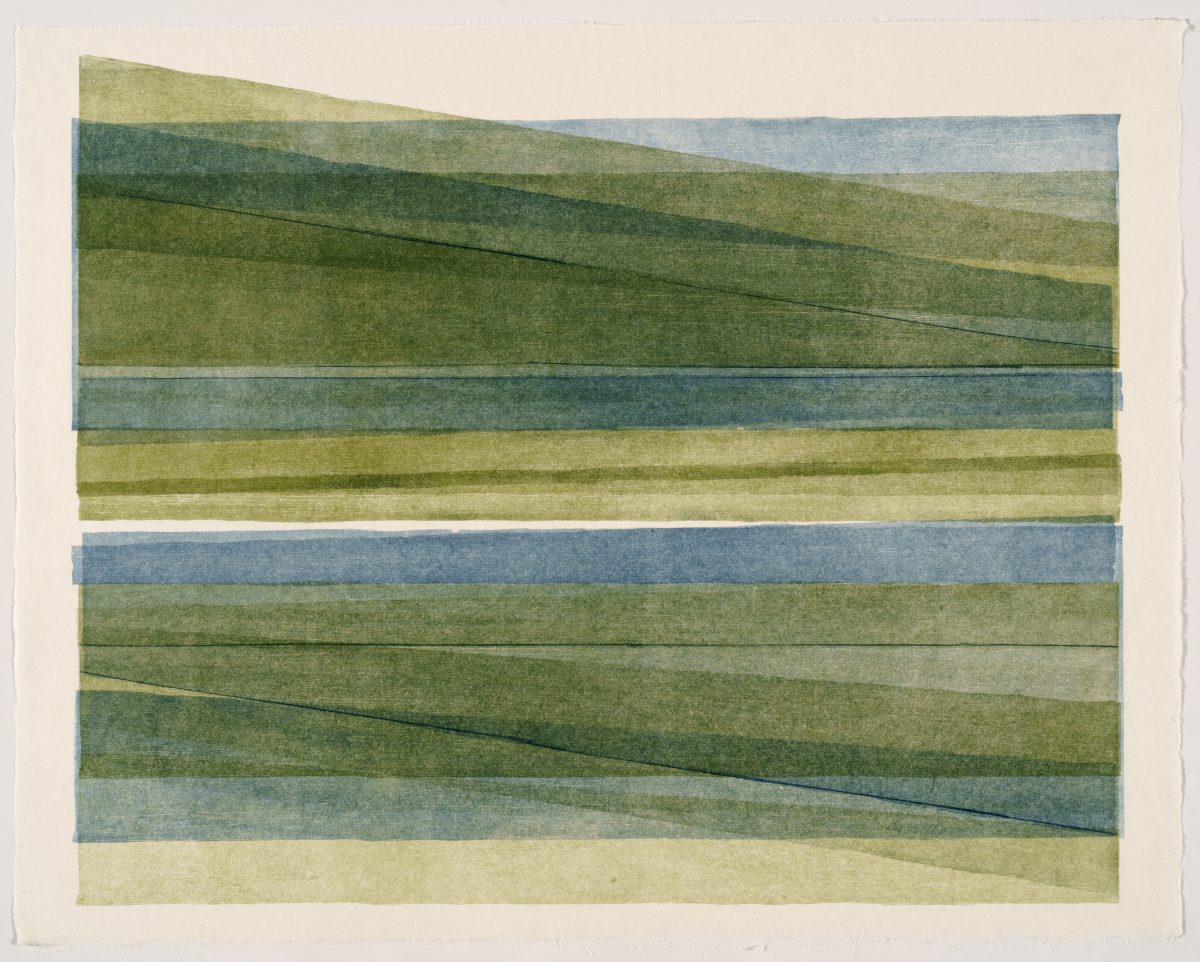 Horizontal composition of layered colored bands in greens, blues, and pale yellows, with diagonal lines creating a sense of movement and depth across the composition. The organic, textured quality of the paper is visible throughout the print.