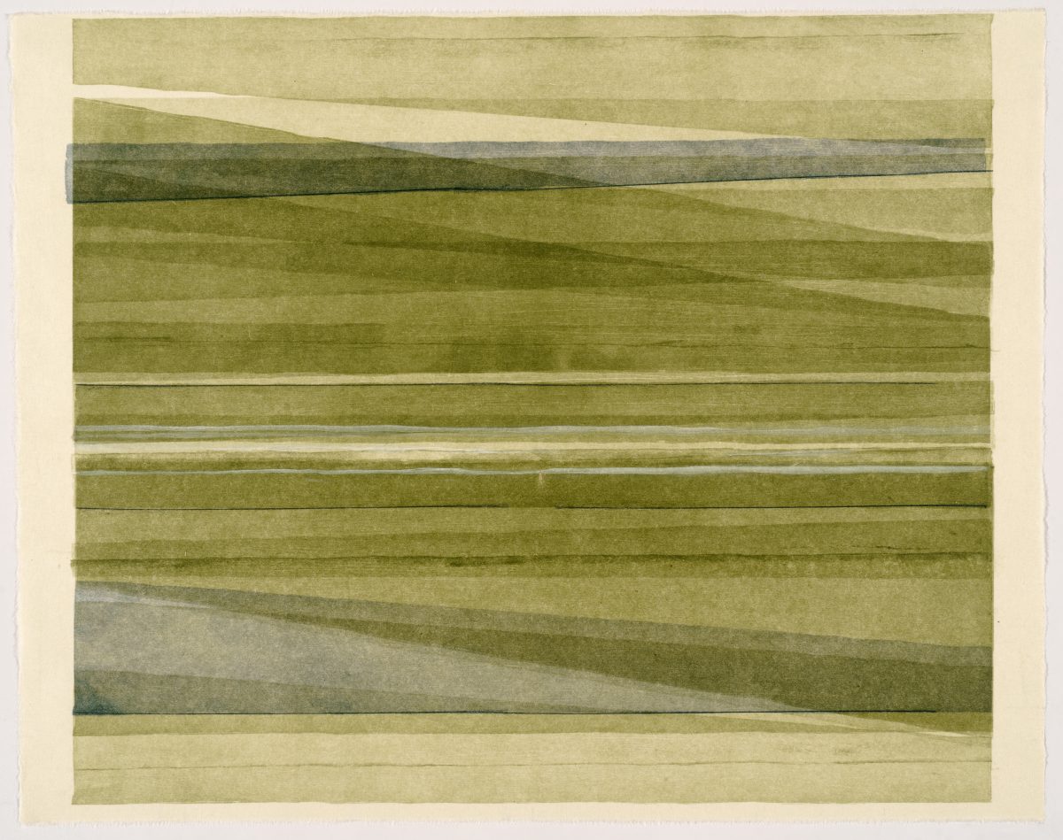 Abstract composition of horizontal bands in varying shades of green, olive, and cream, with subtle diagonal linear elements creating a sense of depth and movement across the layered landscape-like form.