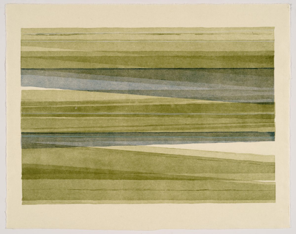 Horizontal bands of muted greens and grays with subtle texture and variation, divided by thin dark lines. A cream-colored diagonal shape cuts through the lower half of the composition, creating an asymmetrical geometric division against the layered, earthy tones.