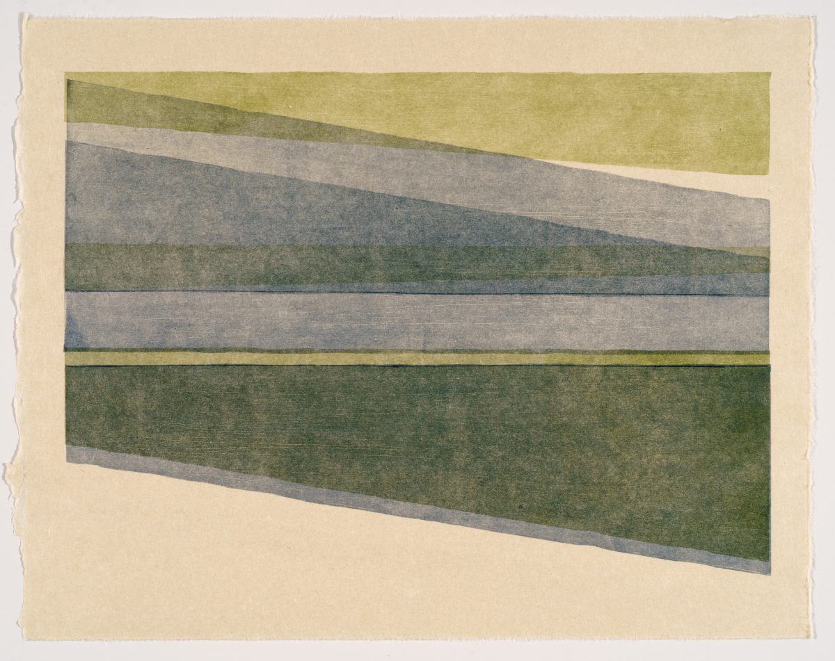 Abstract composition of horizontal bands in muted greens, grays, and yellows arranged in a tilted perspective, creating a sense of depth and movement across the cream-colored paper.