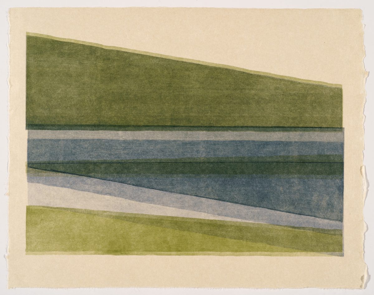Horizontal bands of muted greens, blues, and grays create a layered landscape composition. The soft, textured surface suggests a woodcut monoprint technique, with subtle tonal variations and diagonal lines that suggest depth and movement across the composition.
