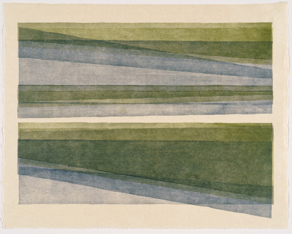Two rectangular compositions with horizontal striped bands in muted greens, grays, and blues, each with a diagonal shift or displacement running through the center, creating a subtle sense of movement across the layered color fields.