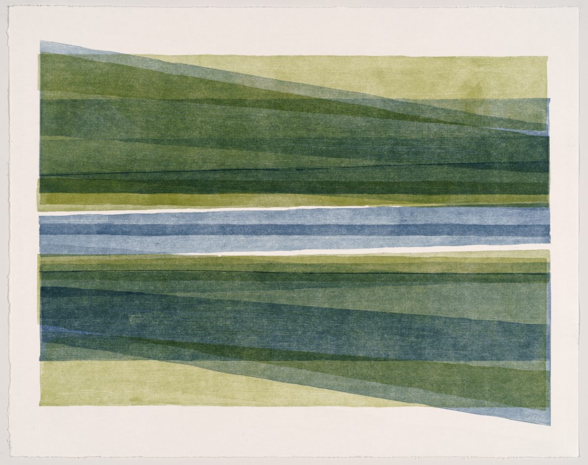 Abstract landscape composed of horizontal bands of overlapping colored strips in shades of green, blue, and yellow, with irregular diagonal edges creating a sense of depth and movement against a cream-colored background.