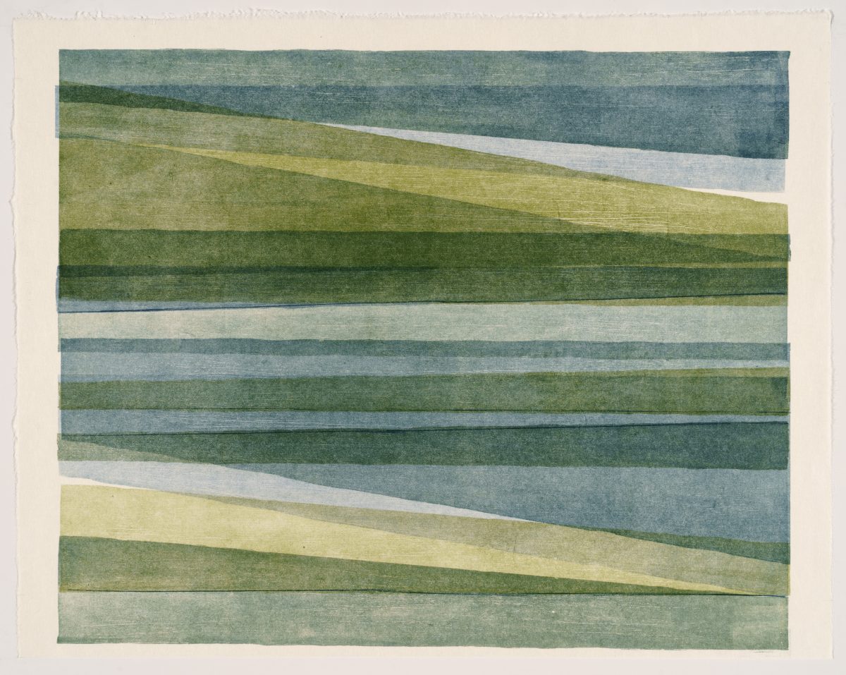 Horizontal composition of layered, diagonal stripes in muted greens, blues, and pale yellows, creating an abstract landscape-like effect. The overlapping bands of color shift in tone and opacity, suggesting depth and movement across the cream-colored paper.
