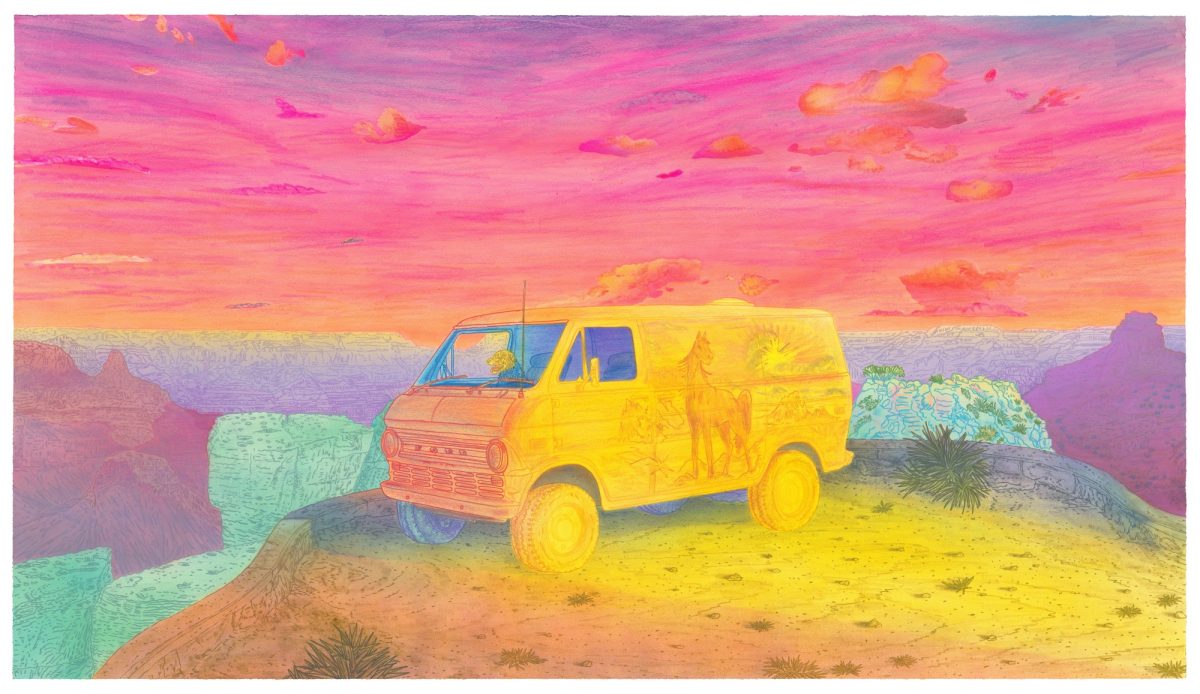 A vibrant colored pencil and acrylic painting depicts a yellow and orange van parked on a desert plateau overlooking a vast canyon landscape. The composition features an intensely saturated sky of pink, magenta, and orange hues at sunset, with turquoise and green rock formations framing the scene and scattered desert vegetation in the foreground.