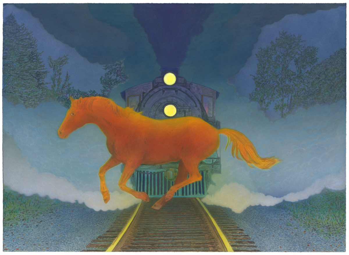 A luminous orange horse gallops across railroad tracks toward an approaching steam locomotive with glowing headlights, set against a moody twilight landscape of forested mountains and dramatic blue-green sky.