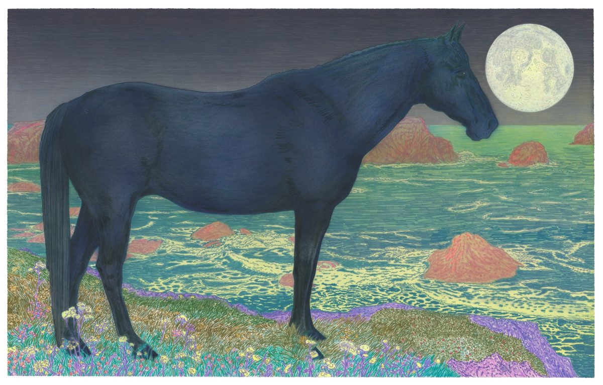 A dark blue horse stands in profile on a wildflower-dotted coastal meadow beneath a luminous full moon, gazing toward a surreal seascape of turquoise waters dotted with rust-red cone-shaped formations and yellow-green patterns, rendered in rich jewel tones with meticulous linear detail.
