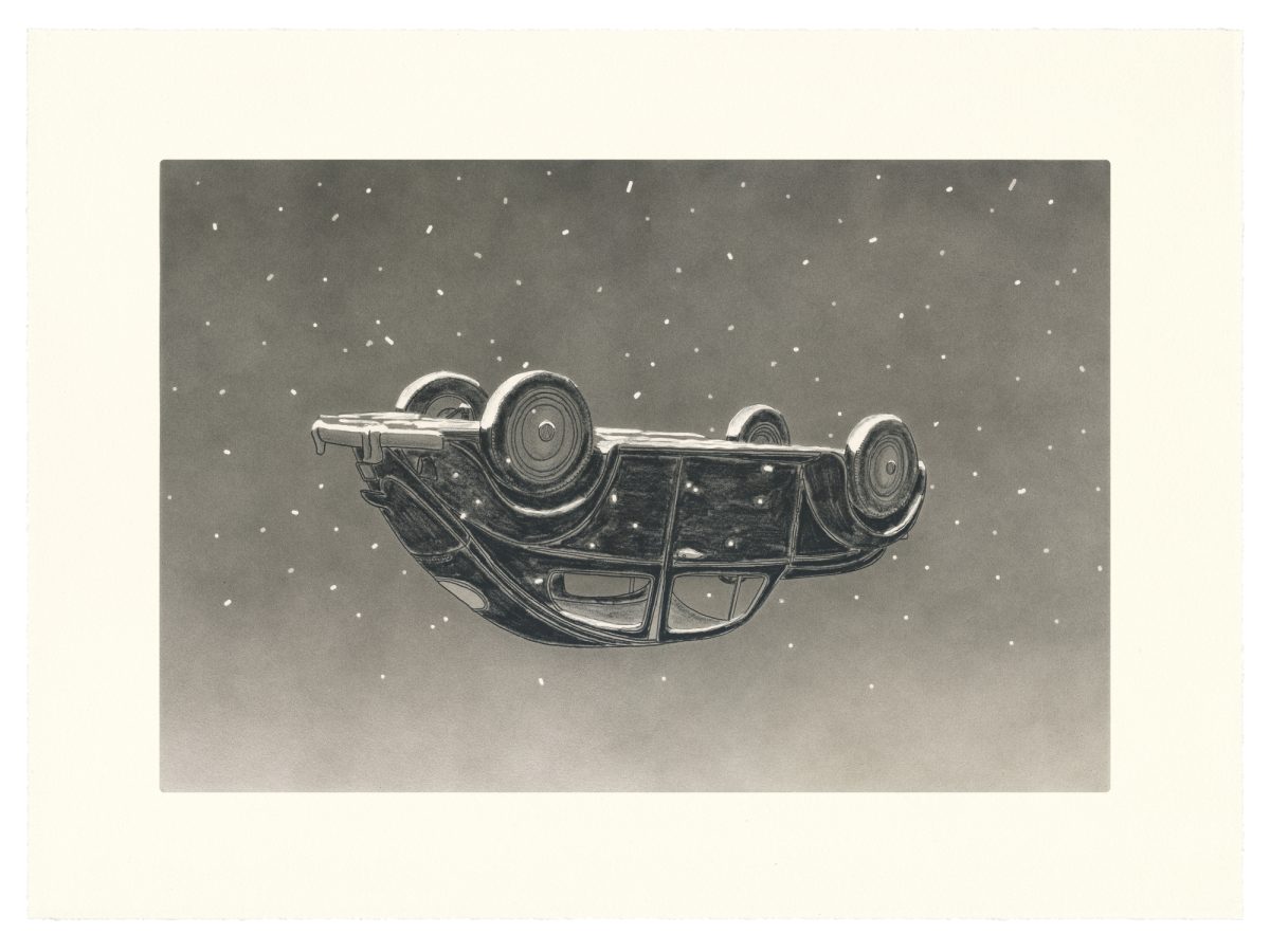 An upside-down vintage automobile rendered in detailed pencil and ink, floating against a starry gray night sky. The car's wheels and undercarriage are prominently displayed, creating a surreal, gravity-defying composition.