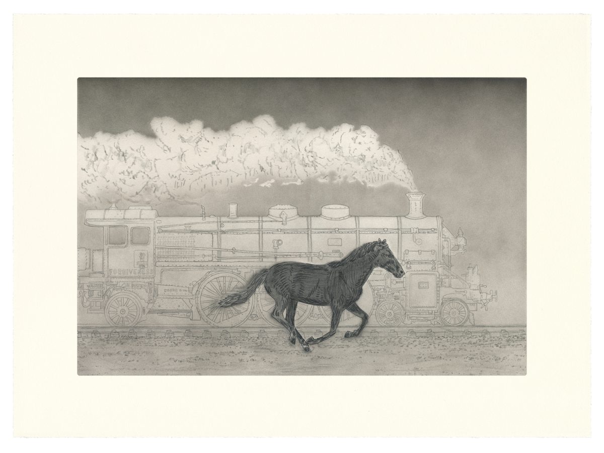 A detailed pencil and ink drawing depicting a galloping horse rendered in dark tones, positioned in front of an intricately sketched steam locomotive with billowing smoke cloud above. The composition creates a striking juxtaposition between the organic form of the animal and the mechanical precision of the industrial machine against a muted, textured ground.