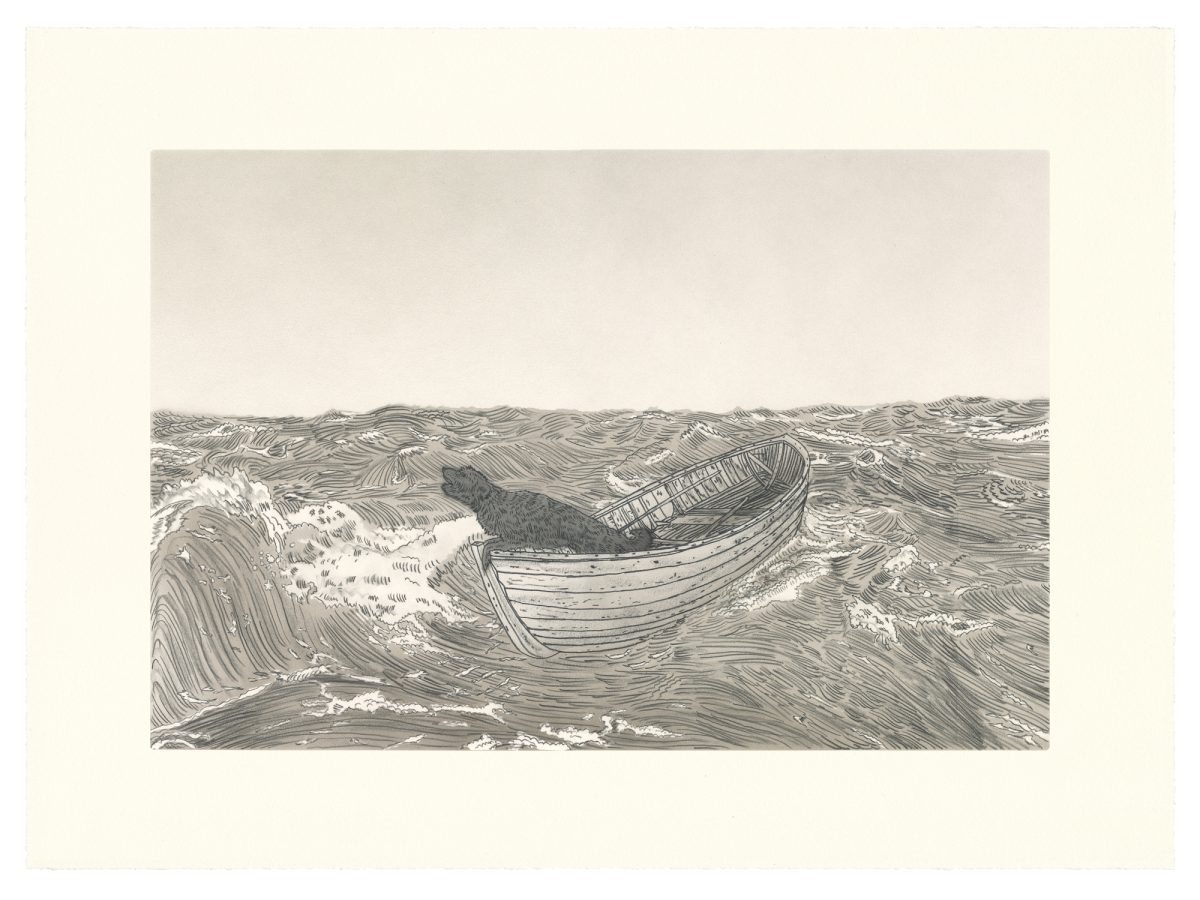 A detailed pencil and ink drawing depicting a wooden rowboat tilted in turbulent ocean waves. The composition is divided between a pale sky above and dynamic water below, rendered with intricate linear hatching. The boat's wooden planks and interior structure are clearly visible, while the surrounding seascape is dominated by flowing, wave-like patterns that create movement and depth across the composition.