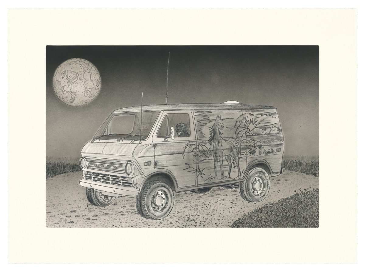 A detailed pencil and ink drawing depicting a van parked on barren ground beneath a large cratered moon. The vehicle's side panels are decorated with surreal imagery including horses and abstract landscapes. An eagle or bird head visible through the driver's window gazes outward, while sparse grass surrounds the scene under a dark, atmospheric sky.