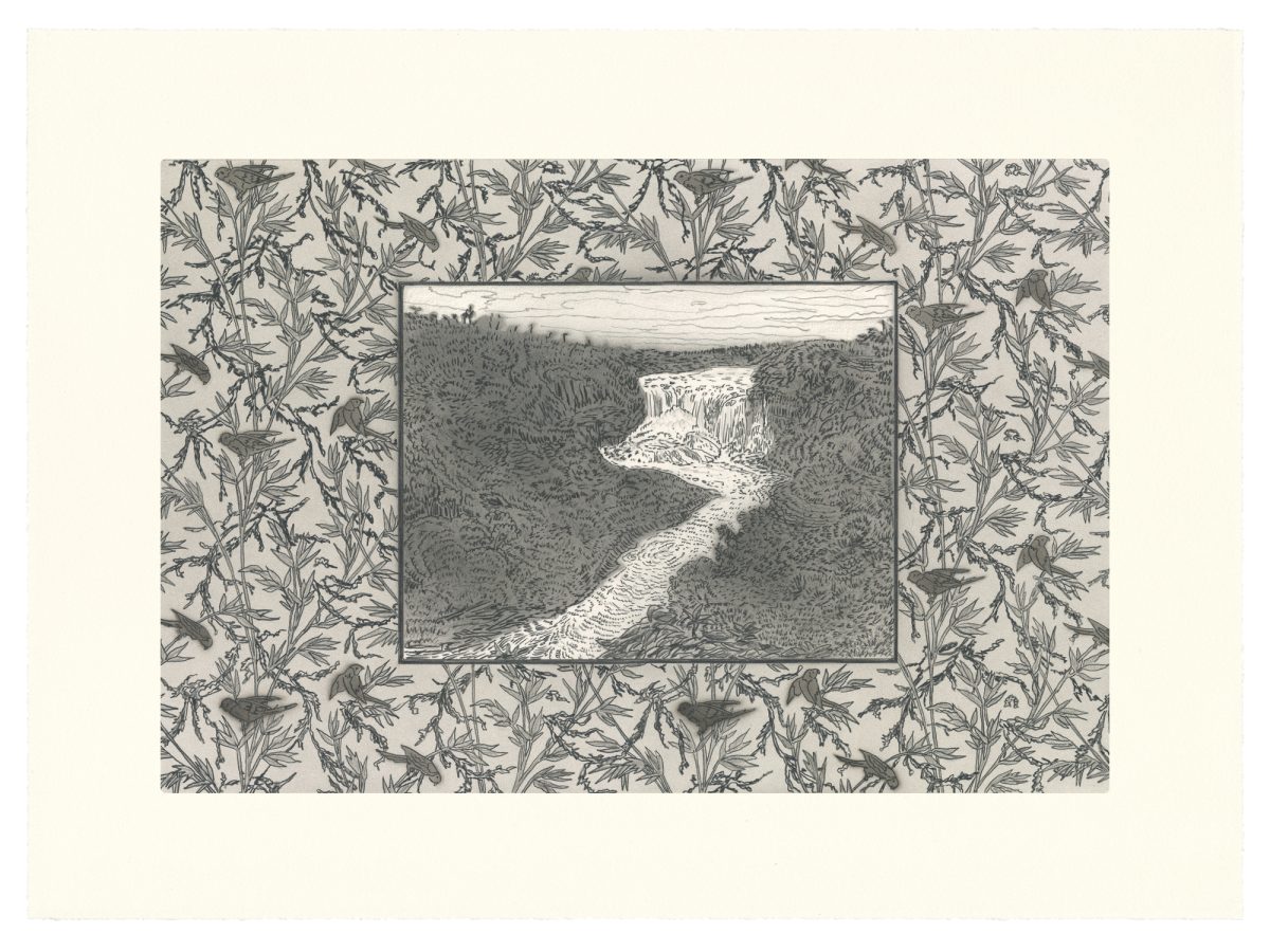 A framed landscape depicts a cascading waterfall flowing through a forested valley, rendered in detailed black ink line work. The central scene is surrounded by an ornamental border of delicate botanical foliage in a repeating pattern.