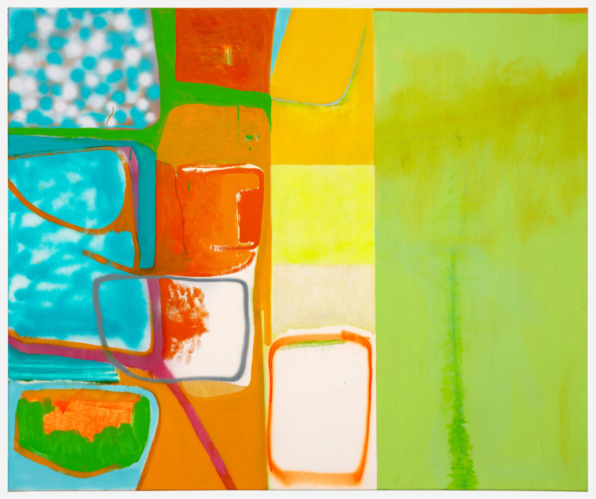Vibrant abstract composition featuring bold geometric shapes and overlapping rectangles in turquoise, orange, yellow, and lime green. White outlined rectangular forms create a grid-like structure across the canvas, with energetic brushstrokes and layered paint suggesting movement and depth throughout the piece.