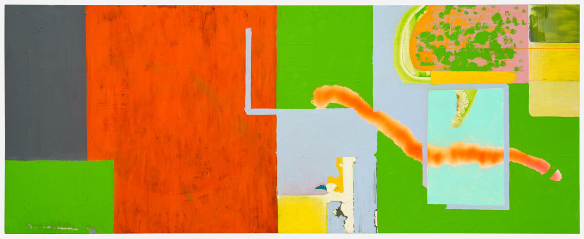 Abstract composition featuring bold geometric shapes in vibrant colors—bright orange, lime green, yellow, and light blue—arranged across a wooden panel. White lines and organic orange brushstrokes create visual breaks and movement through the composition, while weathered surfaces and layered paint suggest depth and materiality.