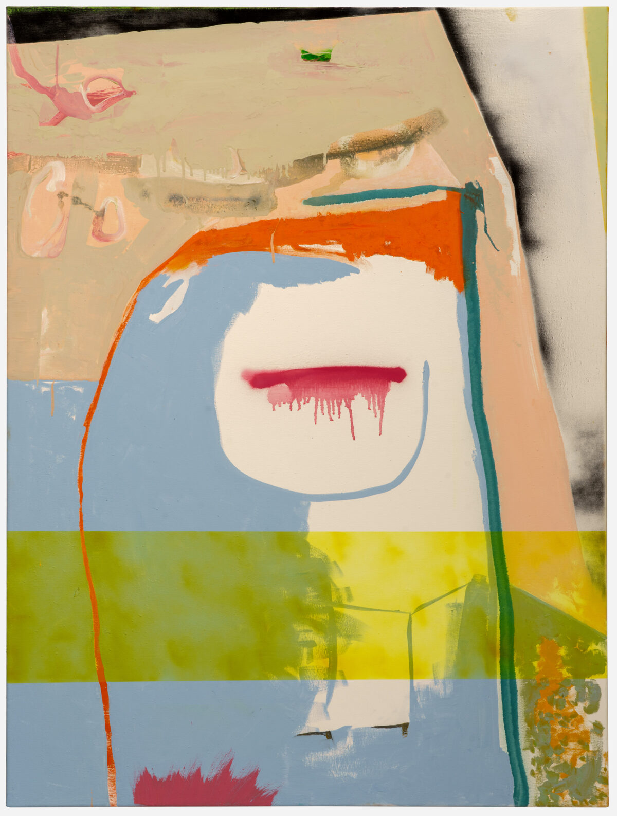 Abstract portrait featuring a stylized face with a cream-colored head, blue hair, and a prominent magenta mouth with dripping effect against a layered background of orange, yellow, and blue horizontal bands. Gestural marks and transparent washes create a dreamlike quality across the canvas, with loose brushwork and expressive line work throughout the composition.