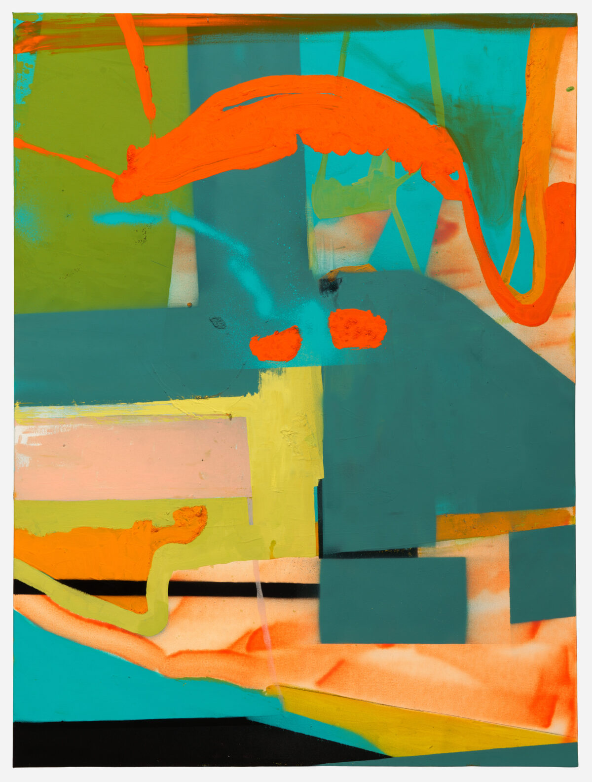 Abstract composition featuring bold geometric shapes and layered forms in vibrant colors including orange, teal, lime green, yellow, peach, and black. The work employs a collage-like approach with overlapping rectangular and organic forms, creating a dynamic interplay of figure and ground across the canvas surface.